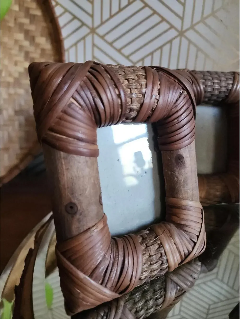 Vintage Set Of 3 Wicker And Bamboo Bohemian Photo Frames Tropical Decor 4x5